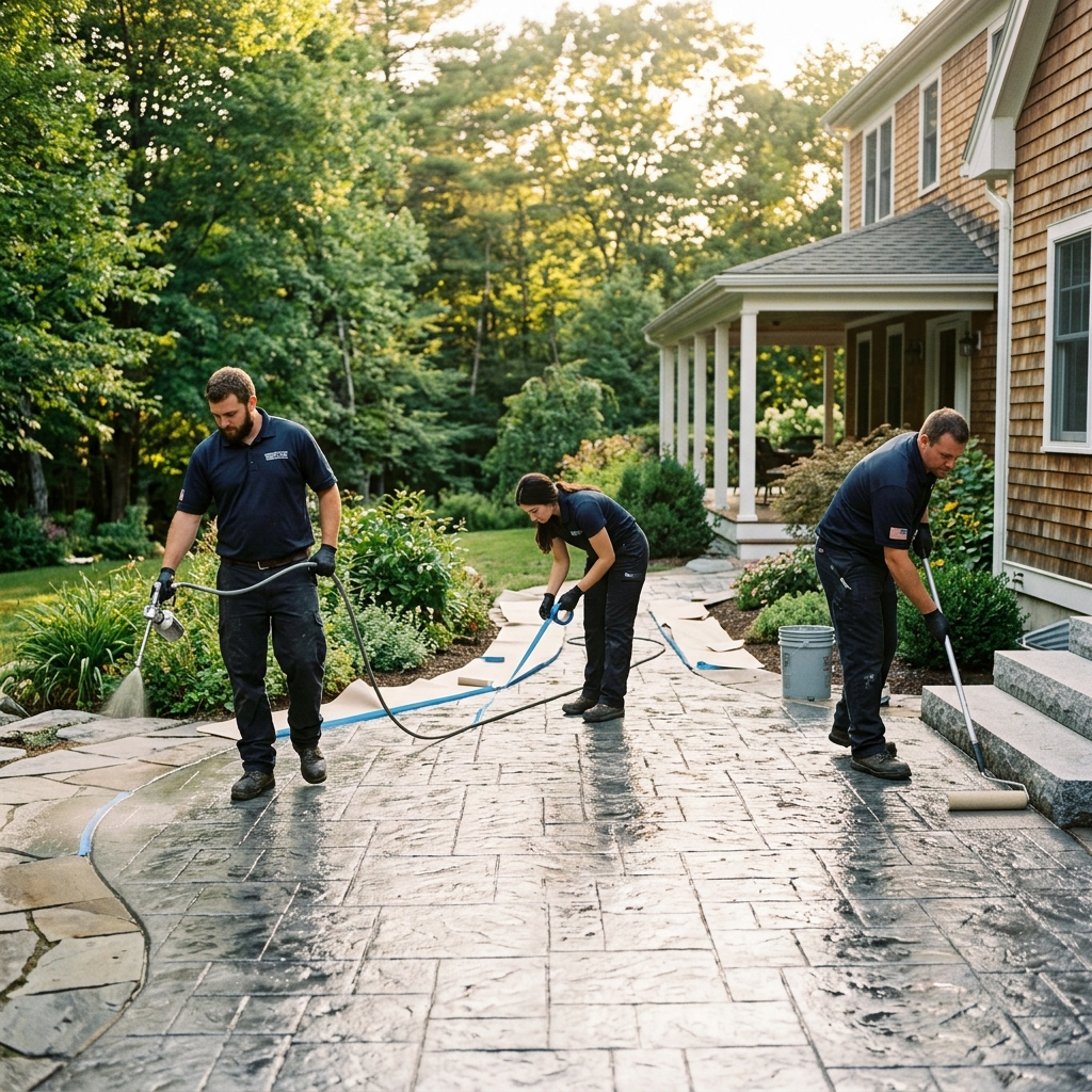 Stamped concrete sealing crew near Nissitissit River
