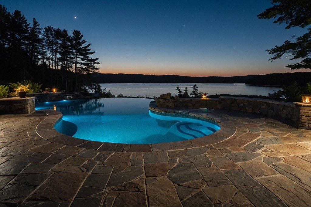 Stunning stamped concrete pool deck overlooking a New Hampshire lake at twilight