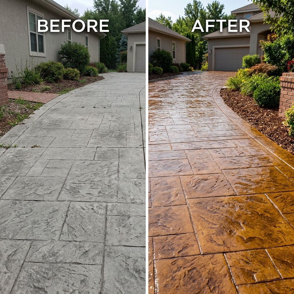 Before and after stamped concrete sealing project in Bedford NH