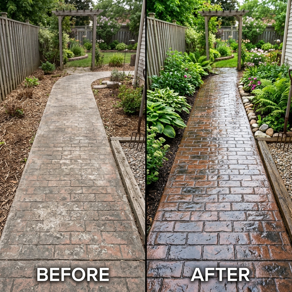Before and after stamped concrete walkway sealing in Concord NH
