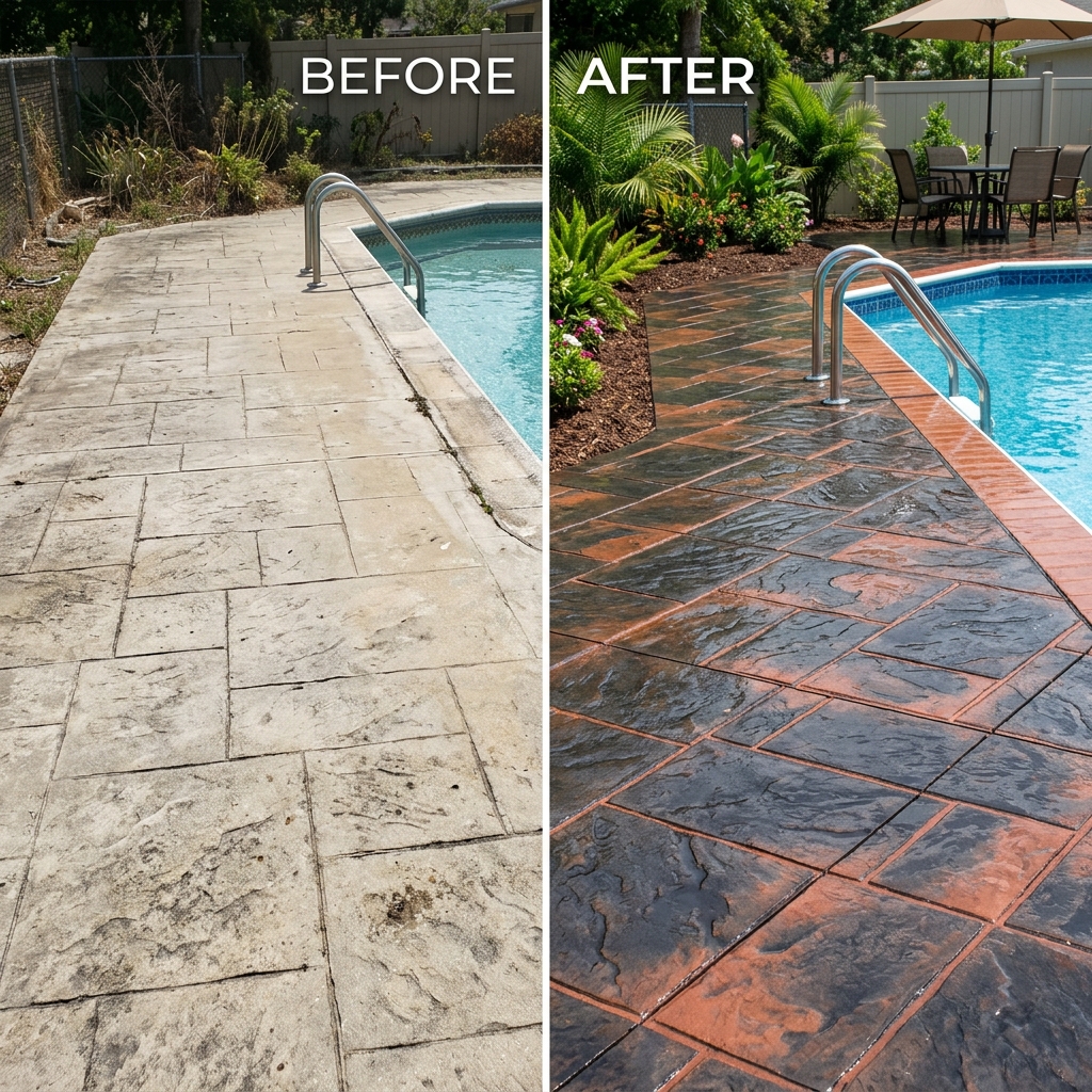 Before and after stamped concrete pool patio sealing in Nashua NH
