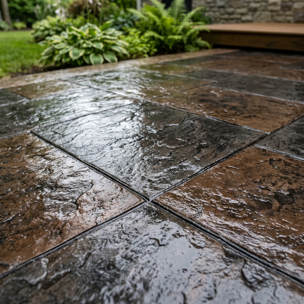 Beautifully restored and glossy stamped concrete patio after sealing