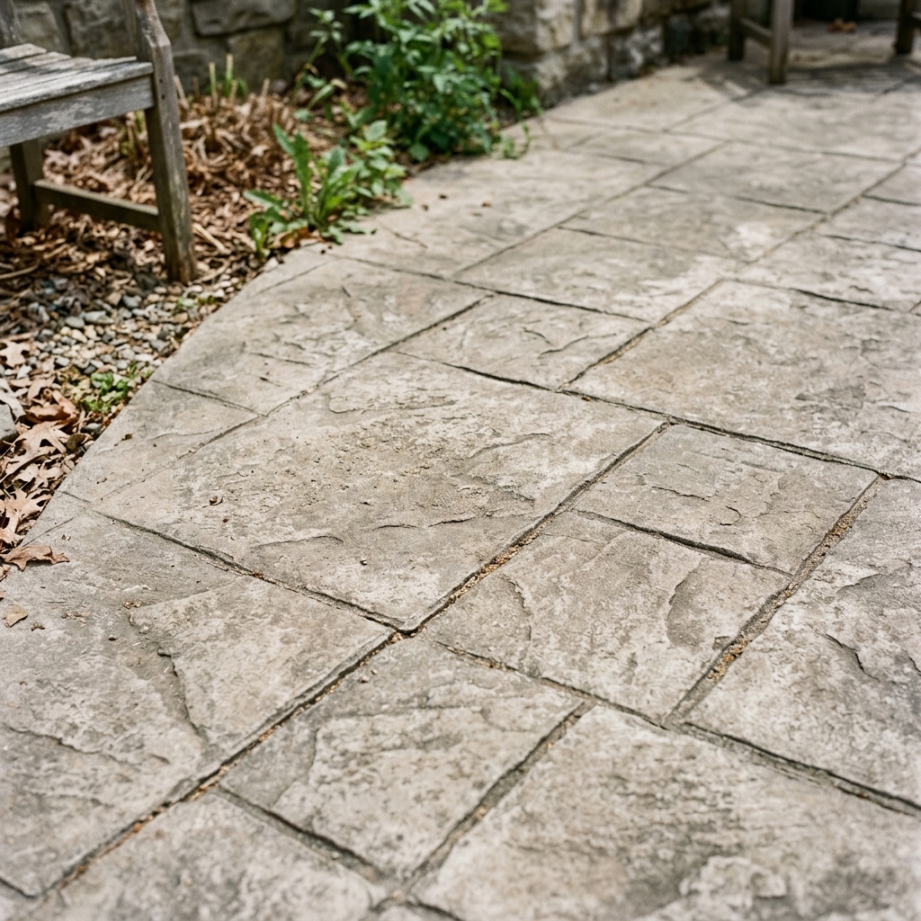 Unsealed, faded stamped concrete patio before restoration